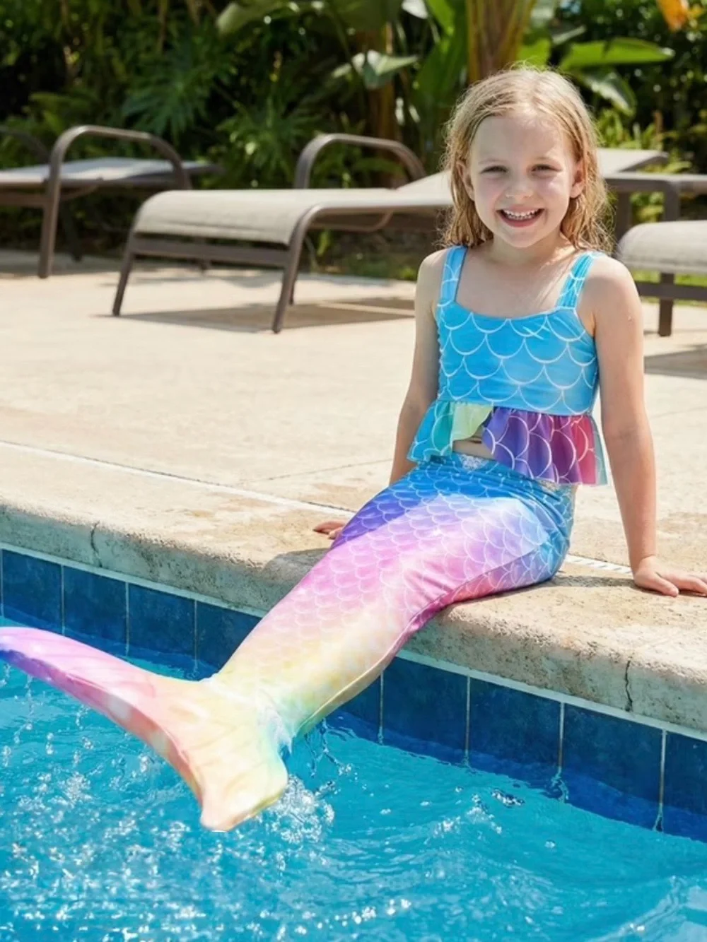 Girls size 5-6 Rainbow Mermaid Tail Swimsuit Set - Multicolor